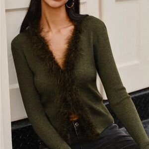 Commense Green Cardigan Sweater with Fuzzy Trim